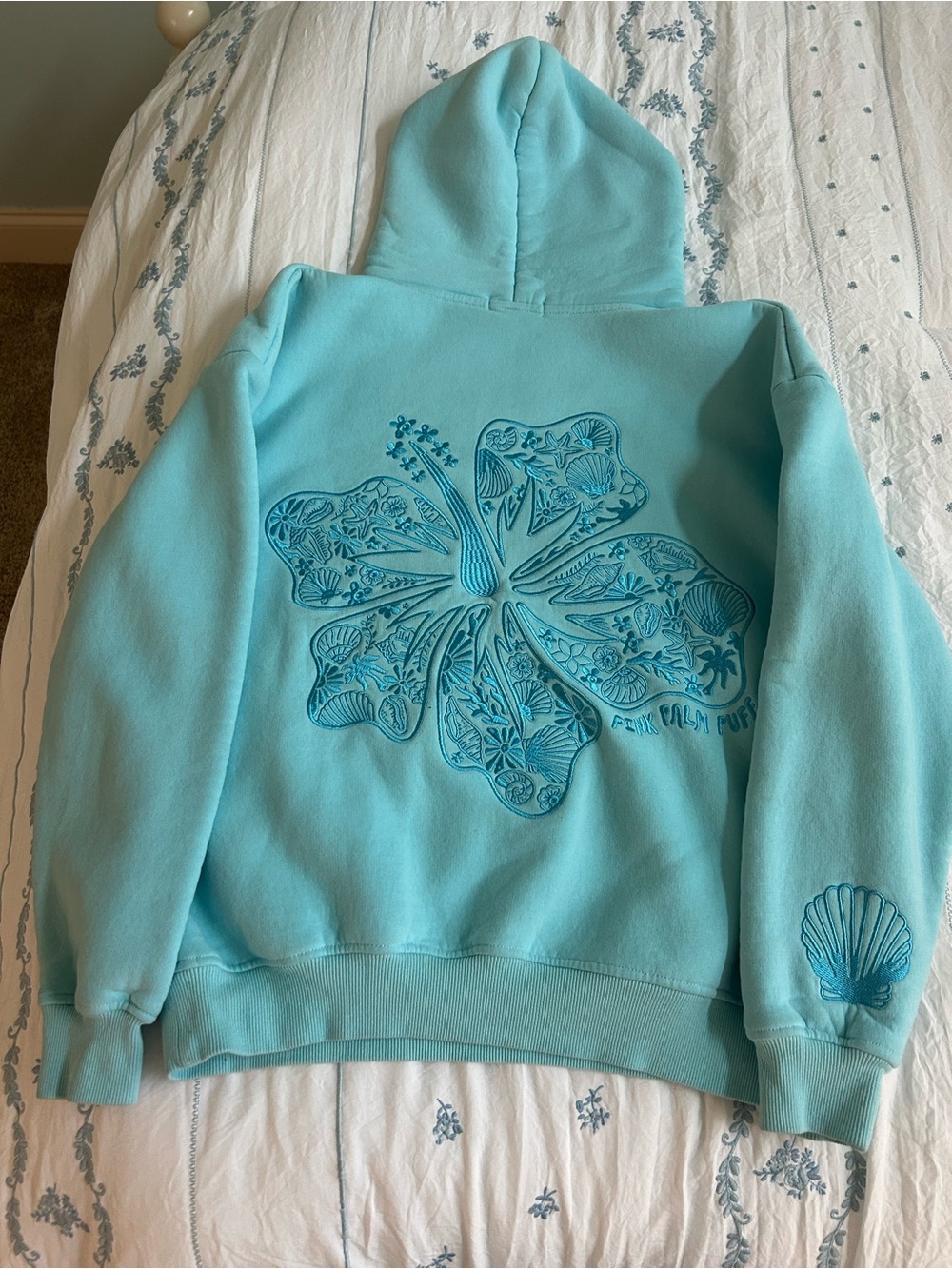 Pink Palm Puff aquamarine Hawaii hibiscus hoodie